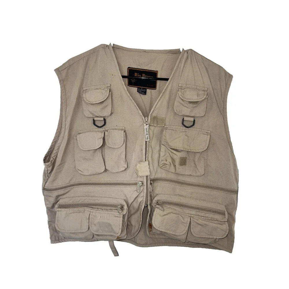 Men's Rio Bravo Vest Utility Fly Fishing Vest Khaki Outdoor Zipper Size L